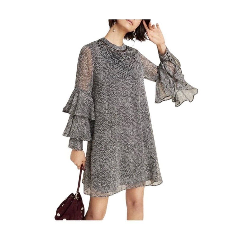Anthropologie Ranna Gill S Dress Gray Black Small Long Flutter Sleeve Studded